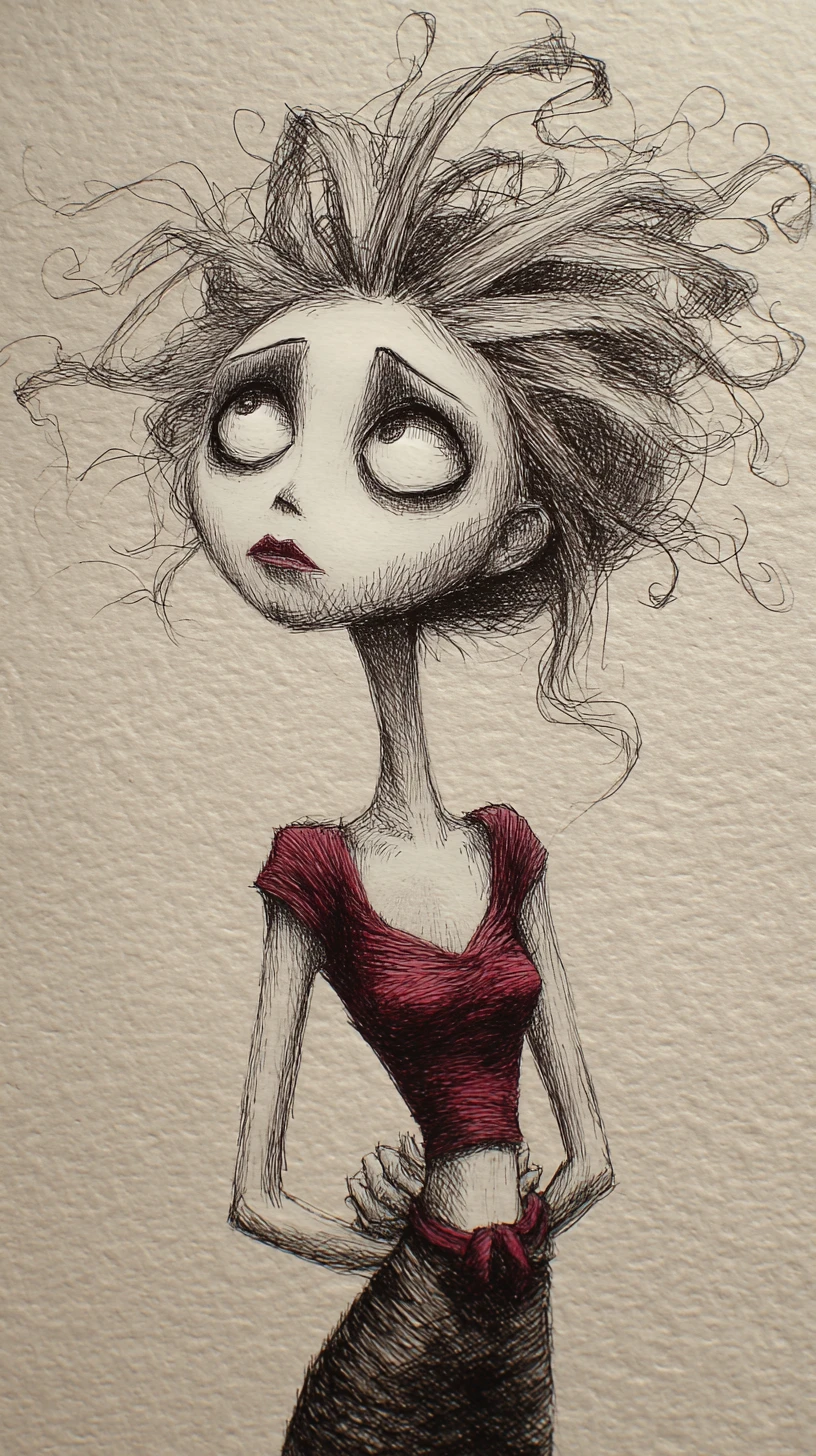 Mujer gótica mirando hacia arriba en ilustración mixta con textura