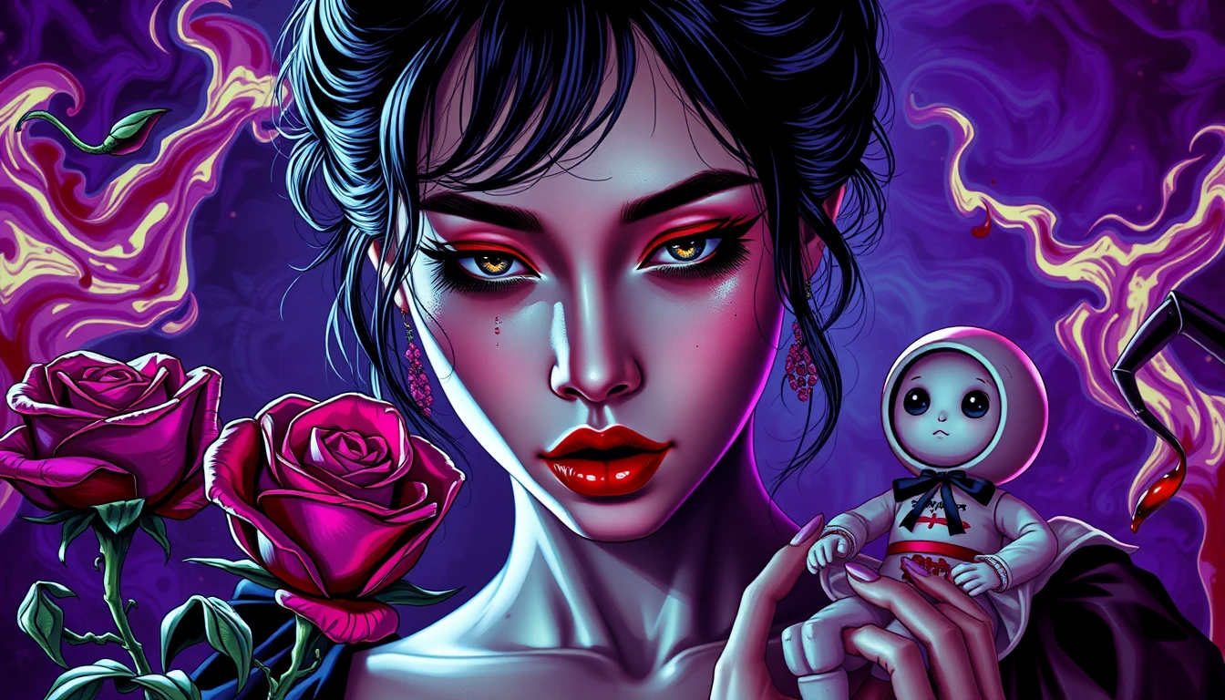 Surreal woman in chiaroscuro with gothic surreal symbols
