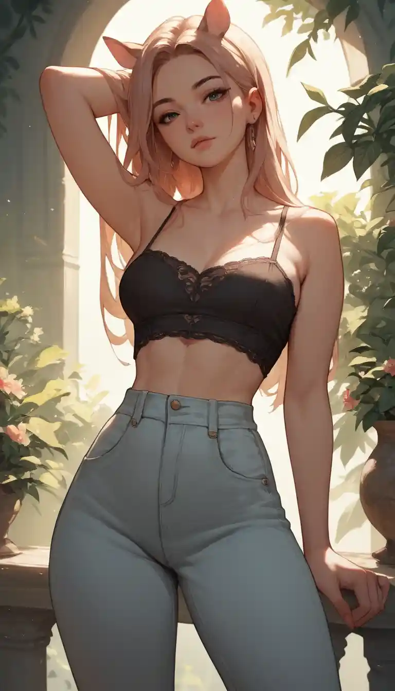 Primo piano di cowgirl in stile anime con camicetta aperta e pantaloni
