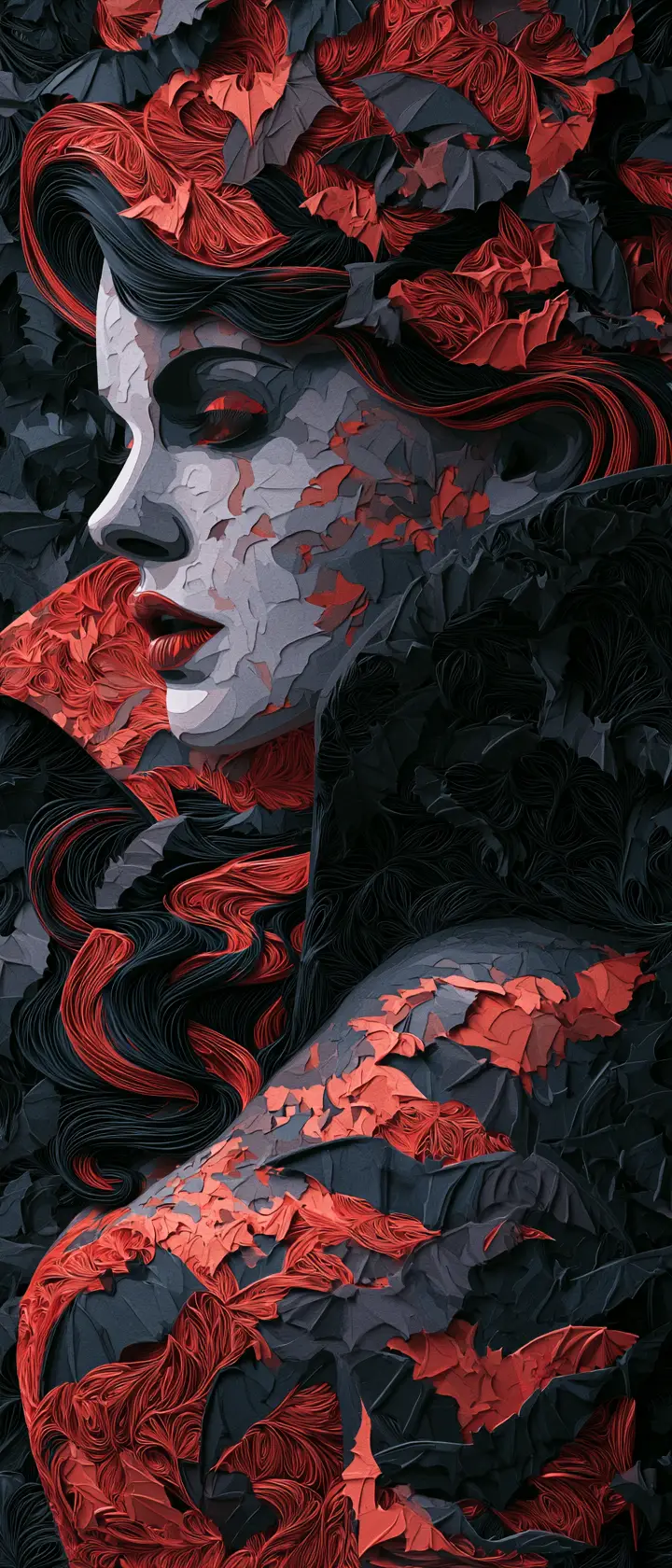 Paper quilled female vampire formed from swirling bat shapes