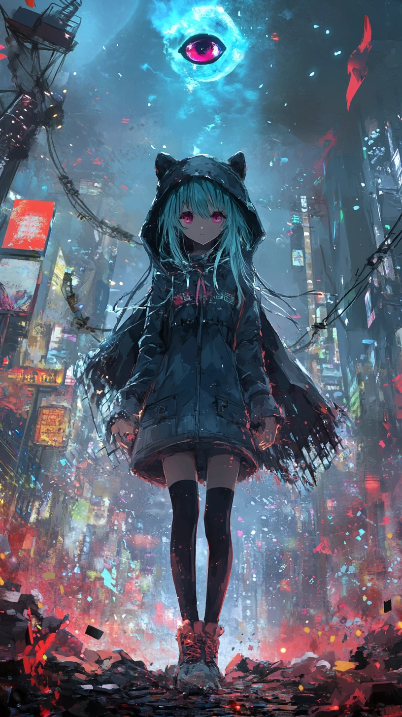 Chica de anime con cicatriz y abrigo azul con capucha en el escenario