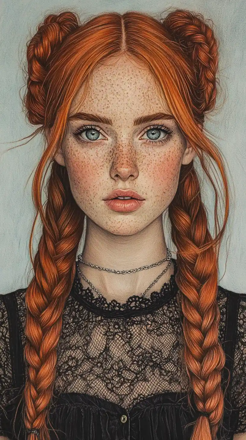 Red haired girl portrait in detailed colored pencil drawing