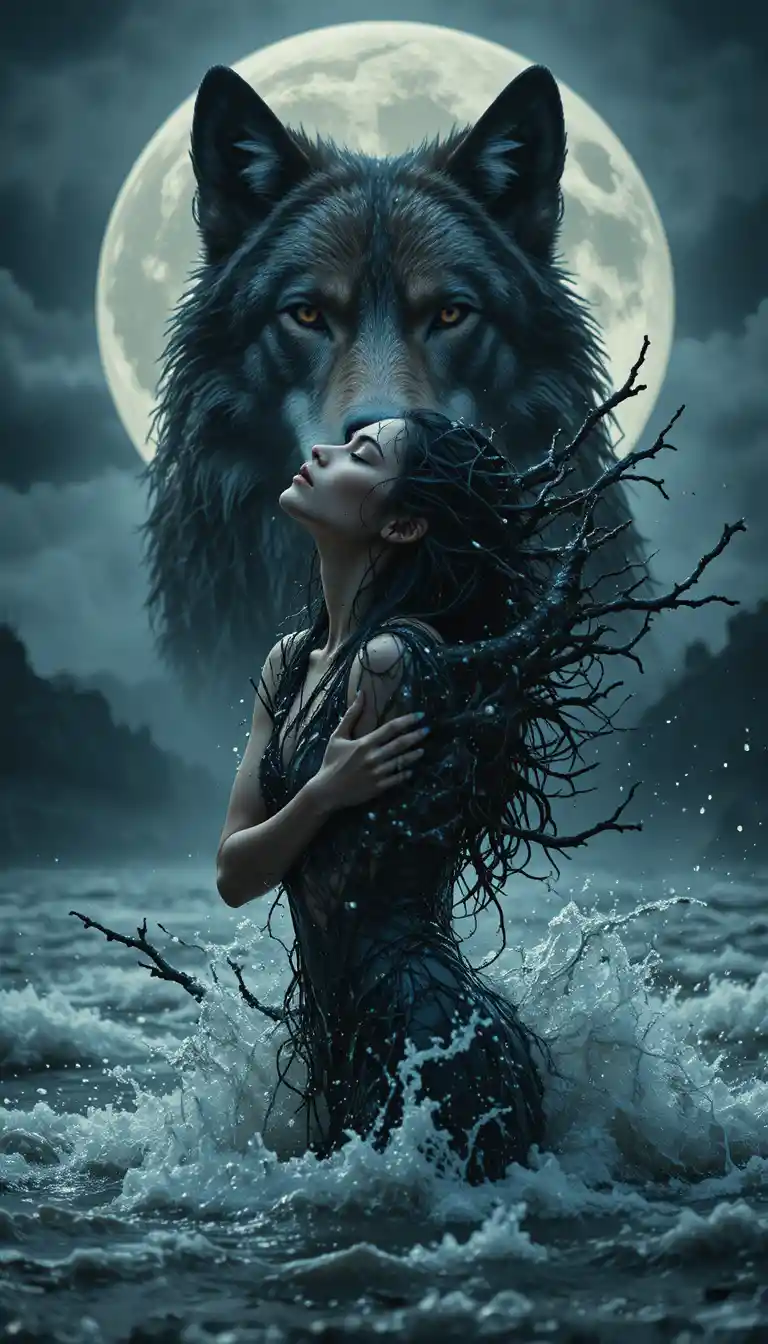 Surreal woman in stormy water beneath a looming wolf