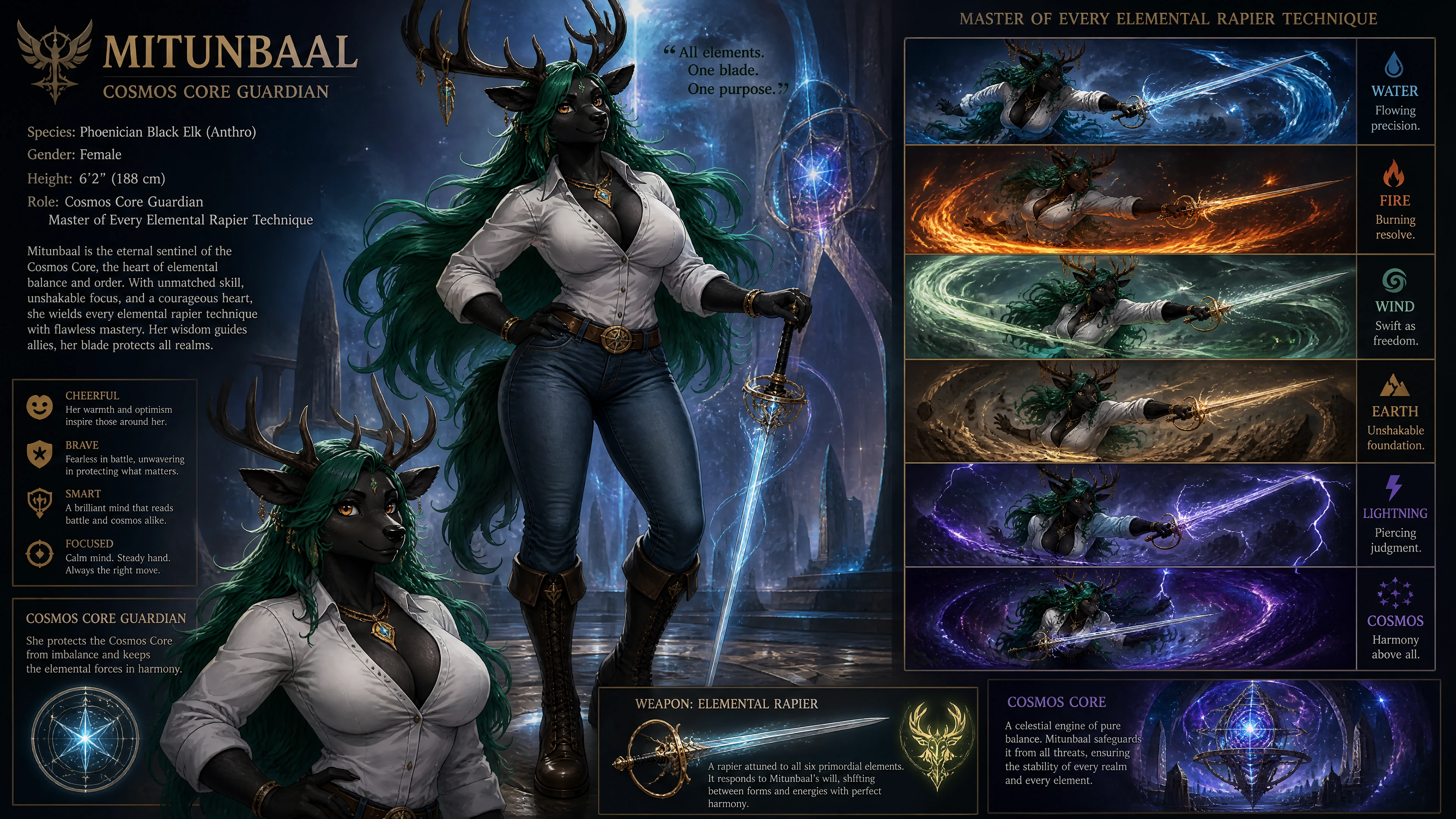 Guardiana alce fantasy con capelli smeraldo e stocchi