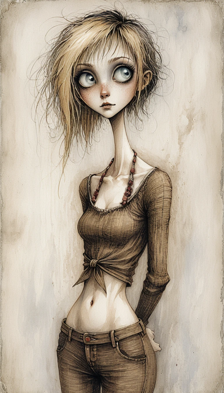 Retrato gótico a tinta de una chica rubia nerviosa de ojos grandes