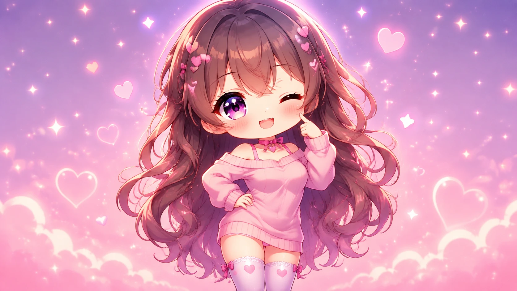 Chica anime chibi juguetona con atuendo rosa pastel