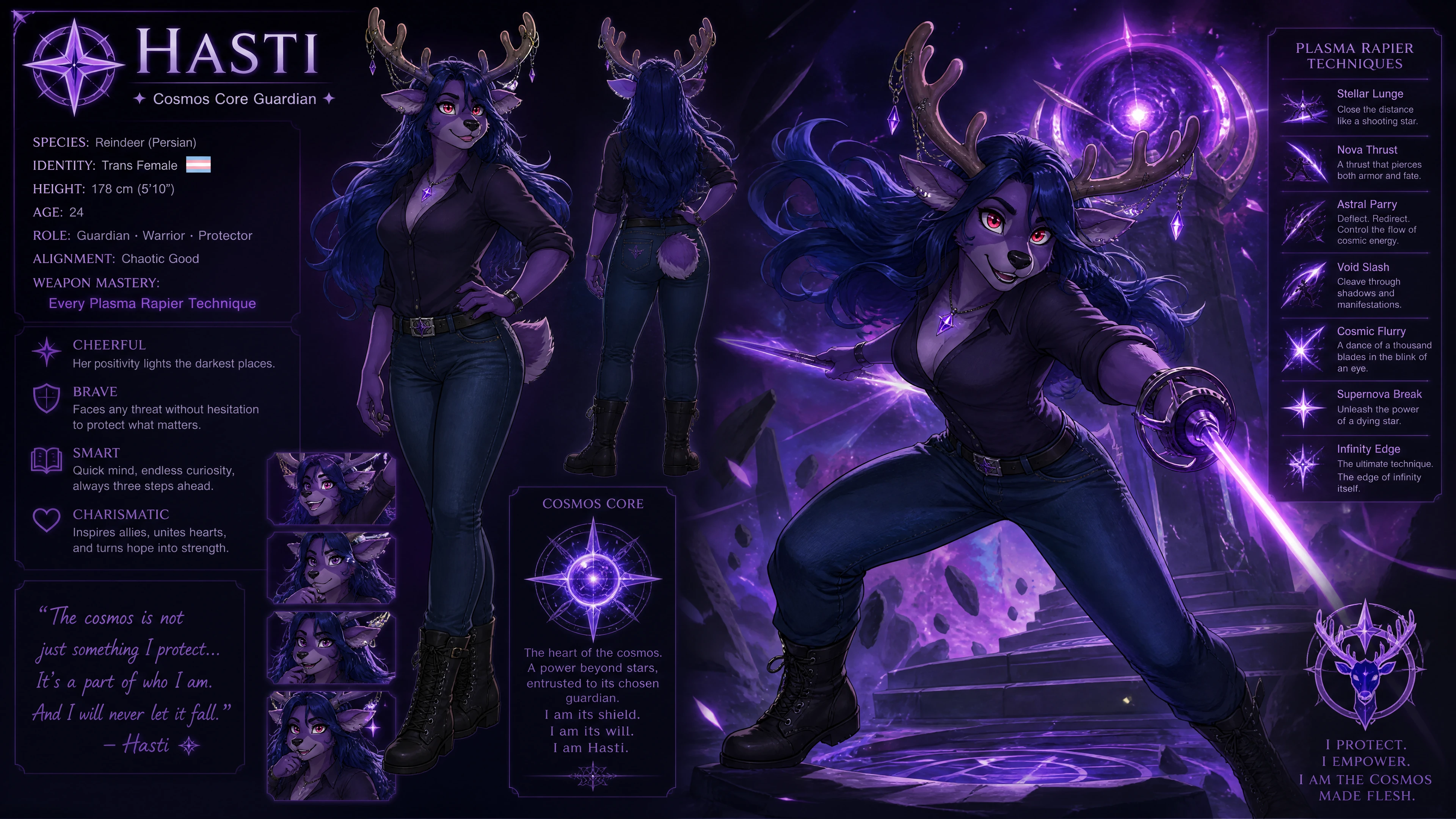 Anthro purple reindeer warrior with plasma rapier in cosmos