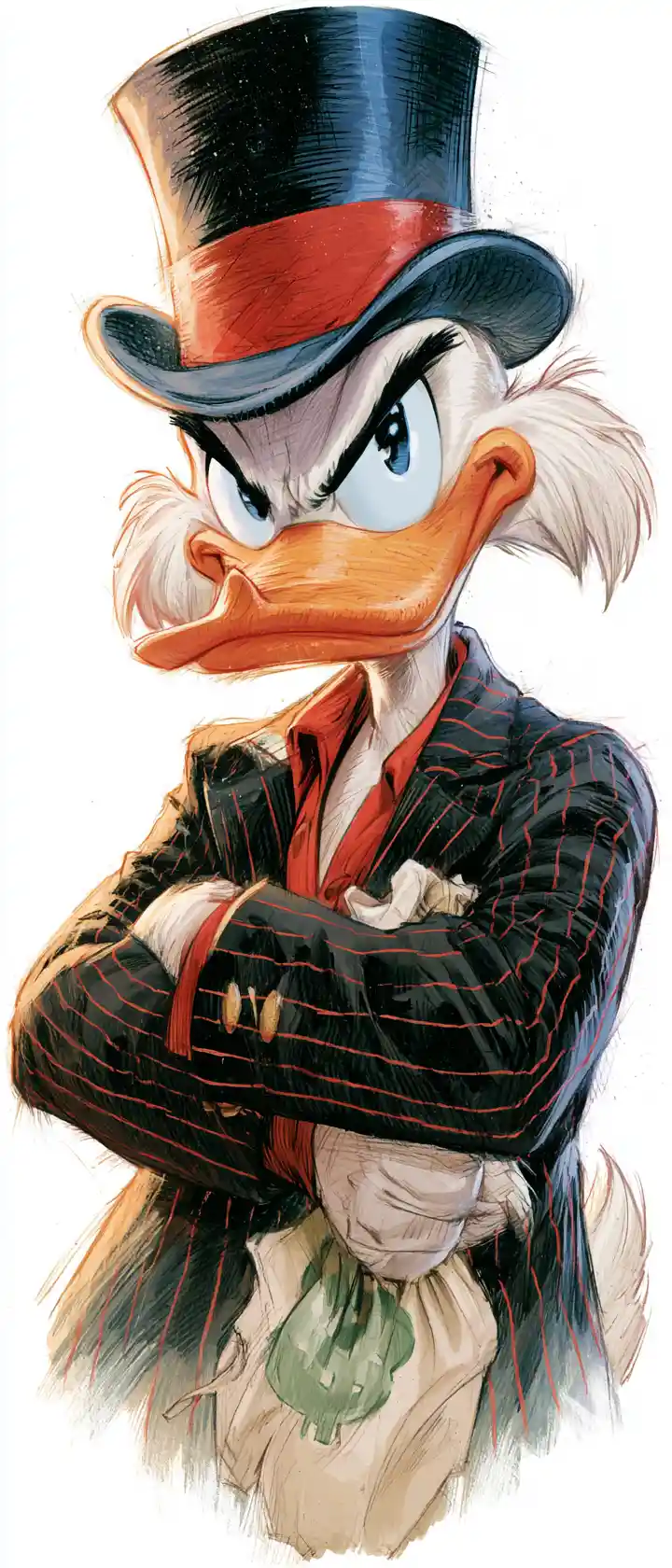 Cartoon gangster duck holding a money bag on white
