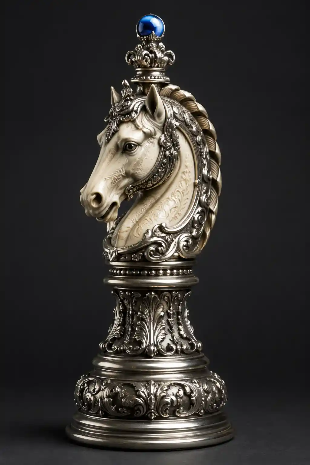 Ornate silver chess knight with blue gemstone detail