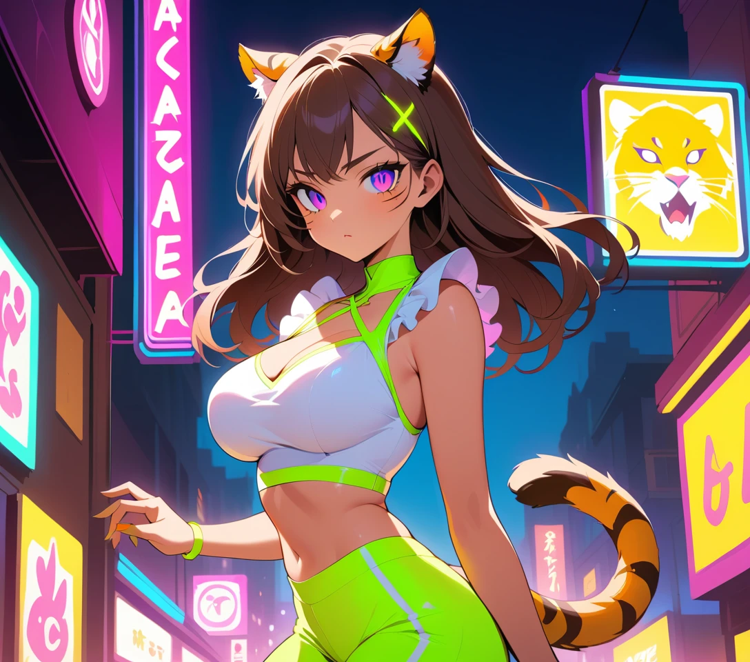 虎の耳とネオンなサマーコーデの神秘的な猫系女性