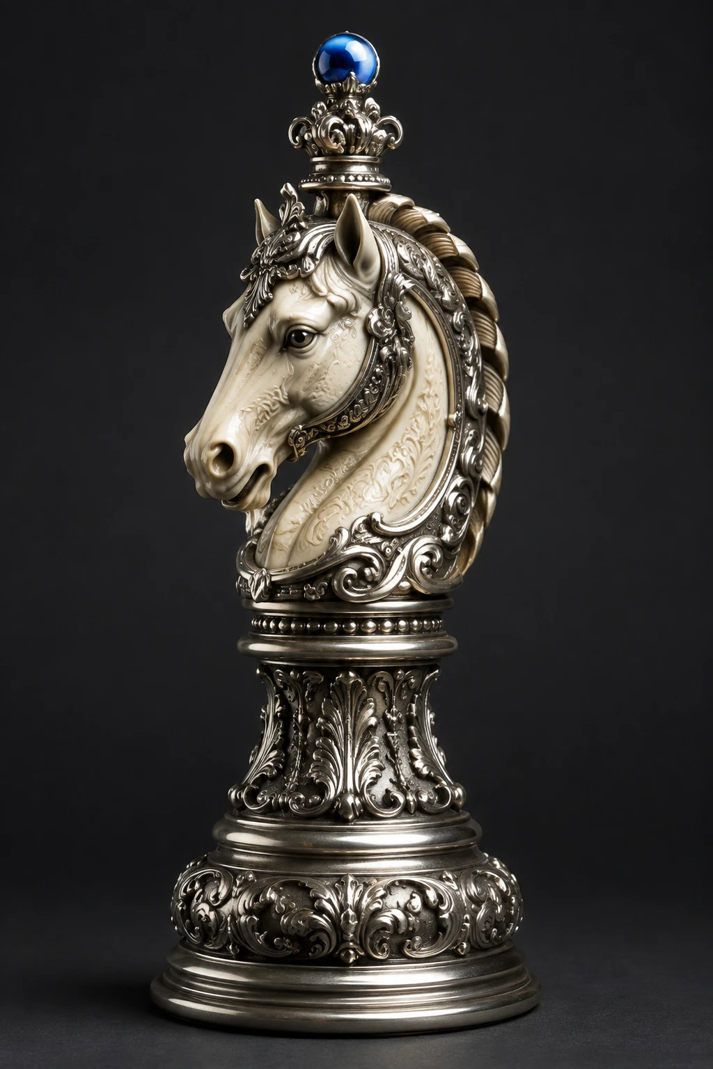 Ornate silver chess knight with blue gemstone detail