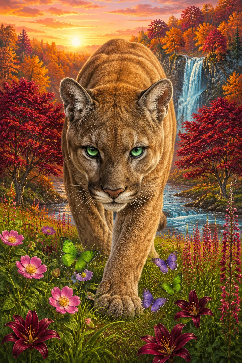Cougar With Butterflies By Waterfall In Autumn Forest