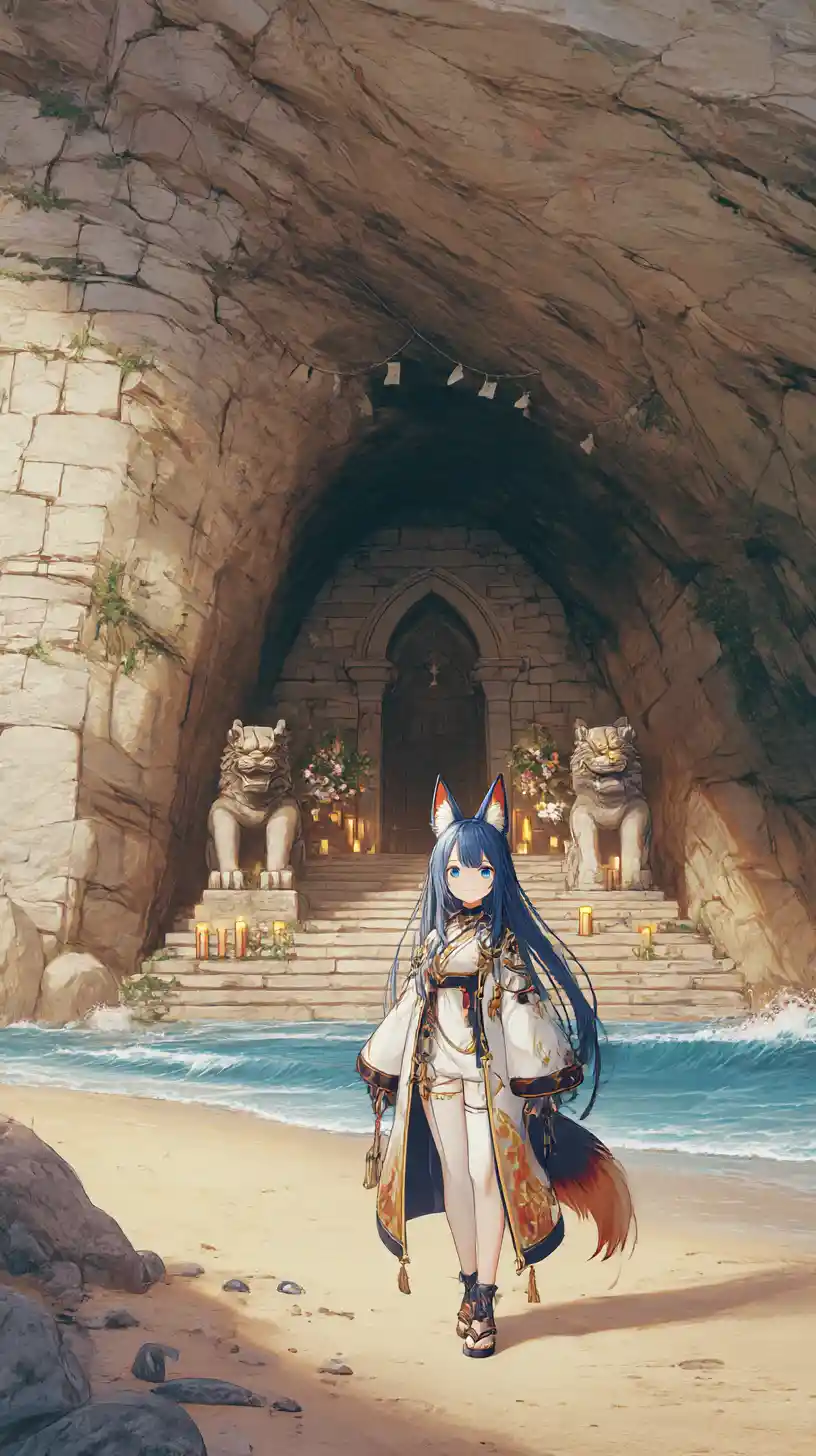 Chica de anime alegre caminando por la playa al atardecer