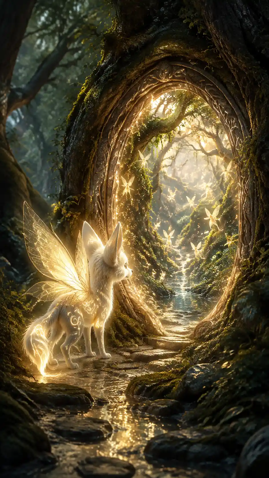Creatura mitica che scopre un portale luminoso nella foresta