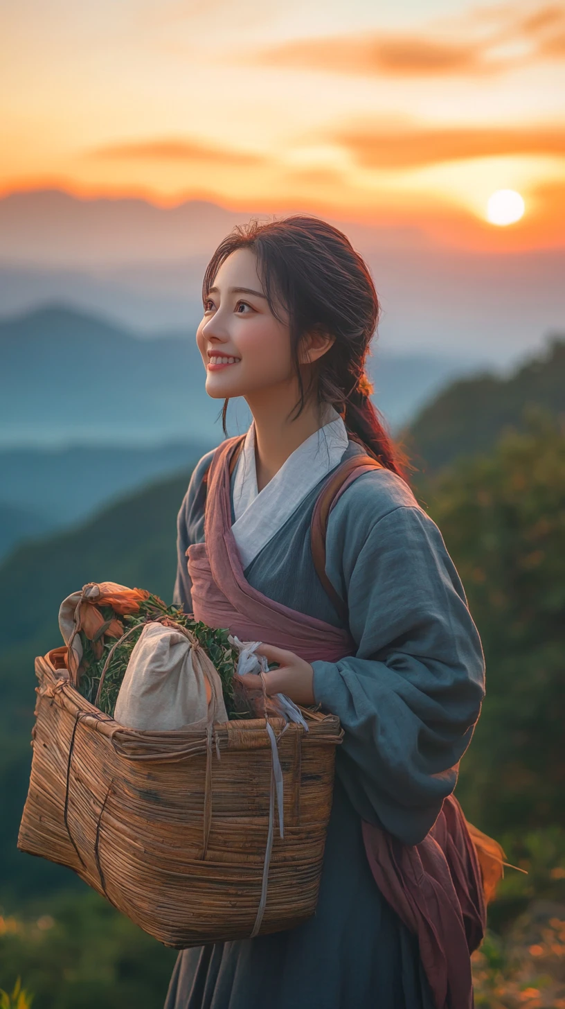 Mulher antiga em estilo anime coletando ervas em uma montanha ao pôr do sol
