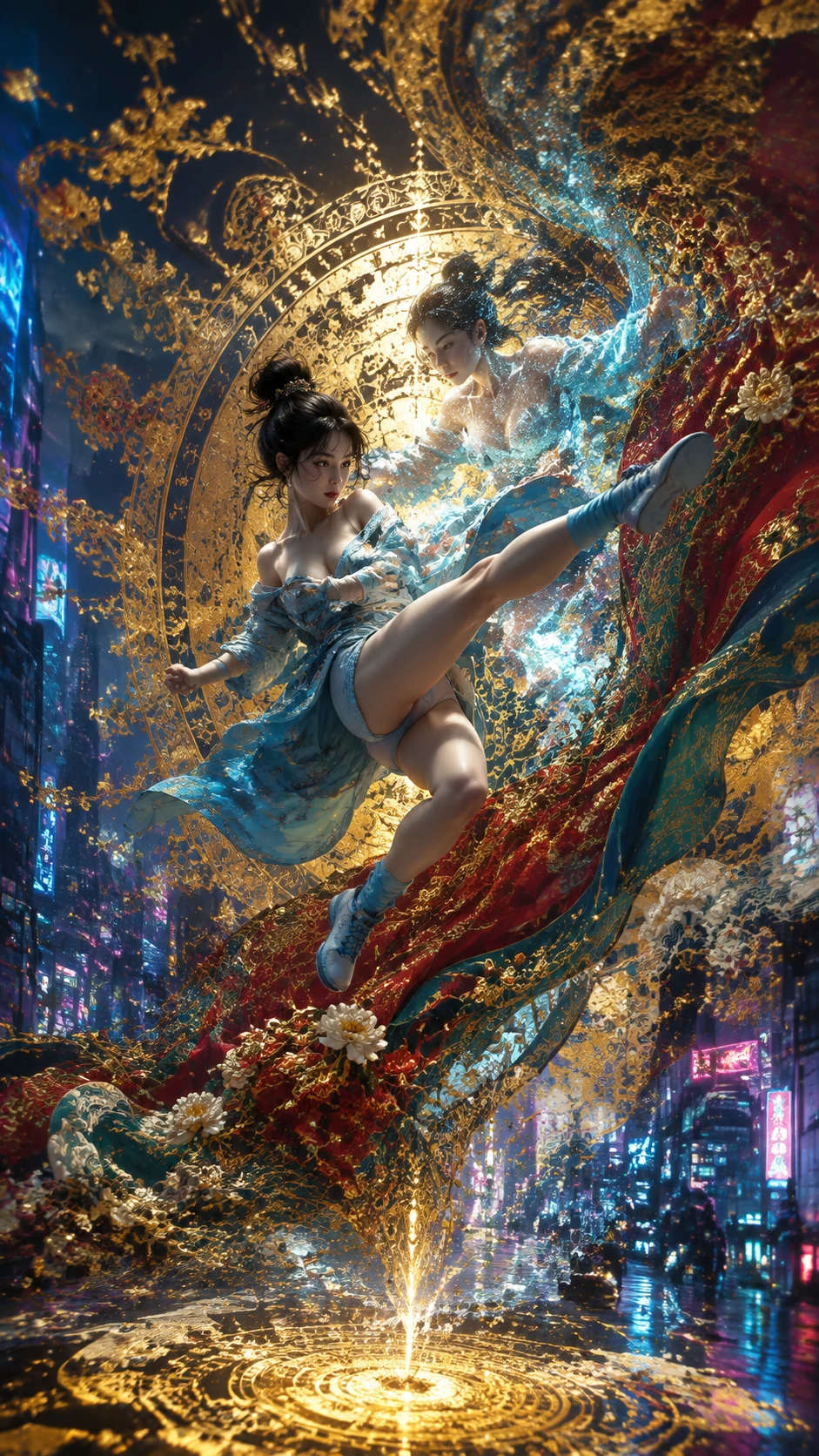 Mujer atravesando una mandala de neón de una patada en ciudad futurista