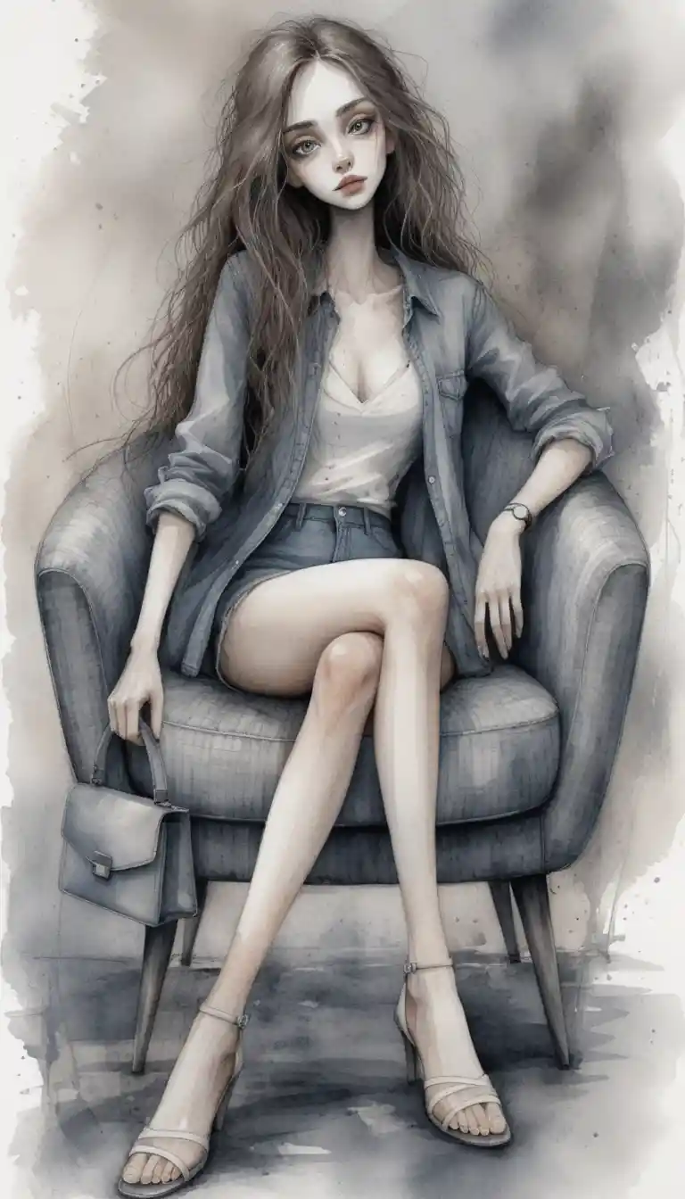 Illustration à l’encre, sombre et atmosphérique, d’une femme dans un fauteuil moderne
