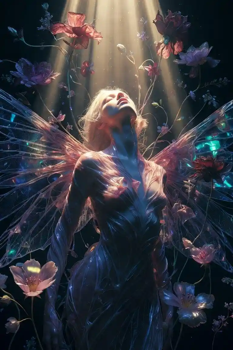 Woman transforming in a glowing surreal celestial garden