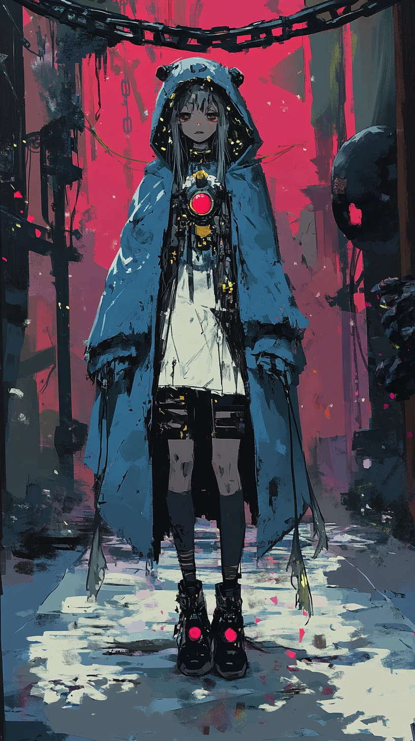 Chica de anime con abrigo azul con capucha y ojos dorados con cicatriz