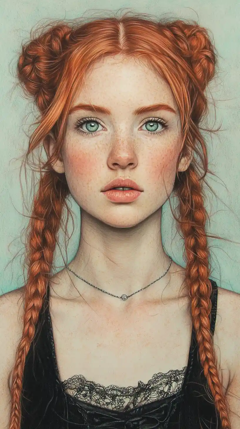 Retrato de chica pelirroja en dibujo detallado a lápices de colores