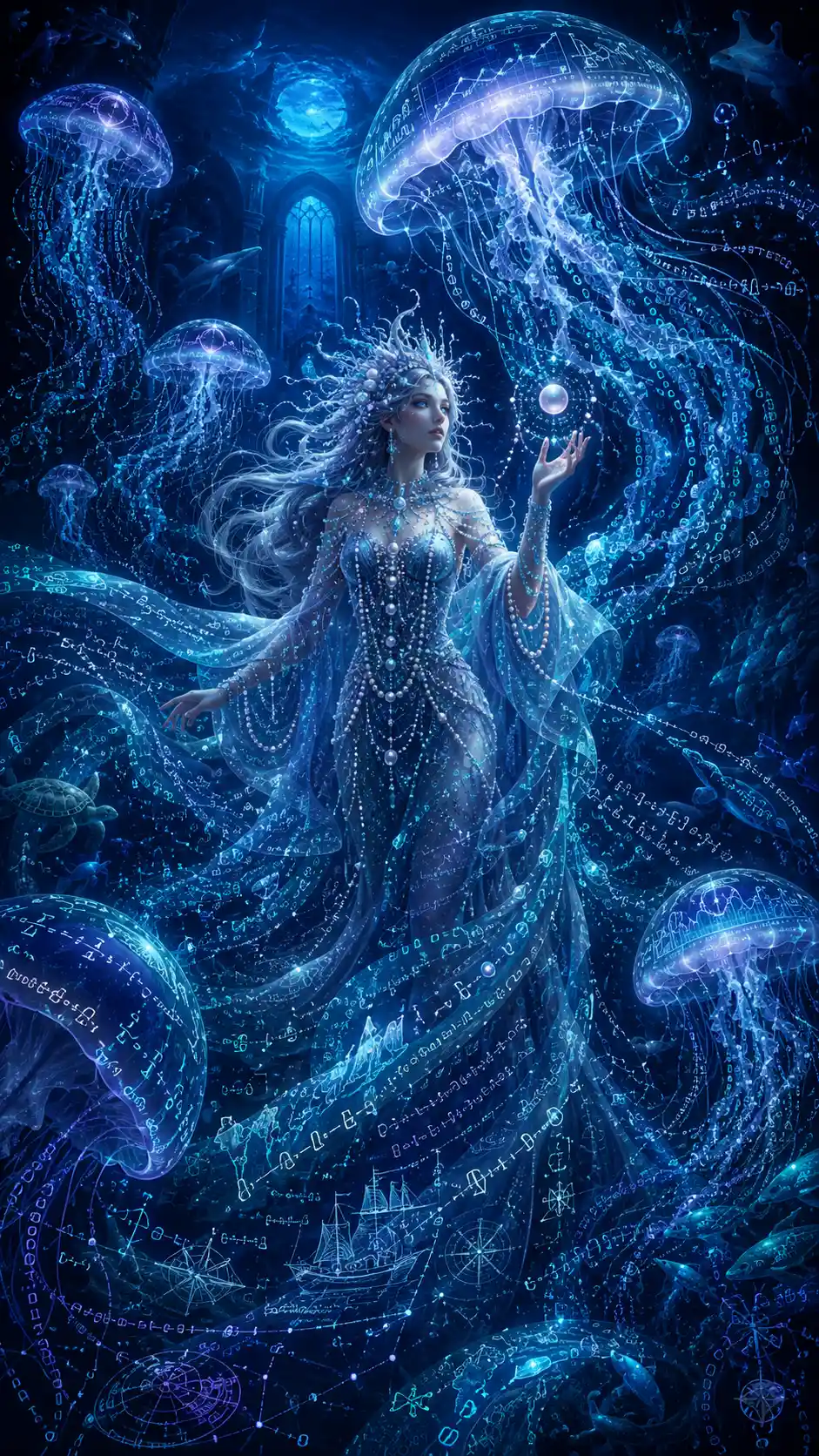 Strega delle perle con meduse di dati in un oceano al chiaro di luna