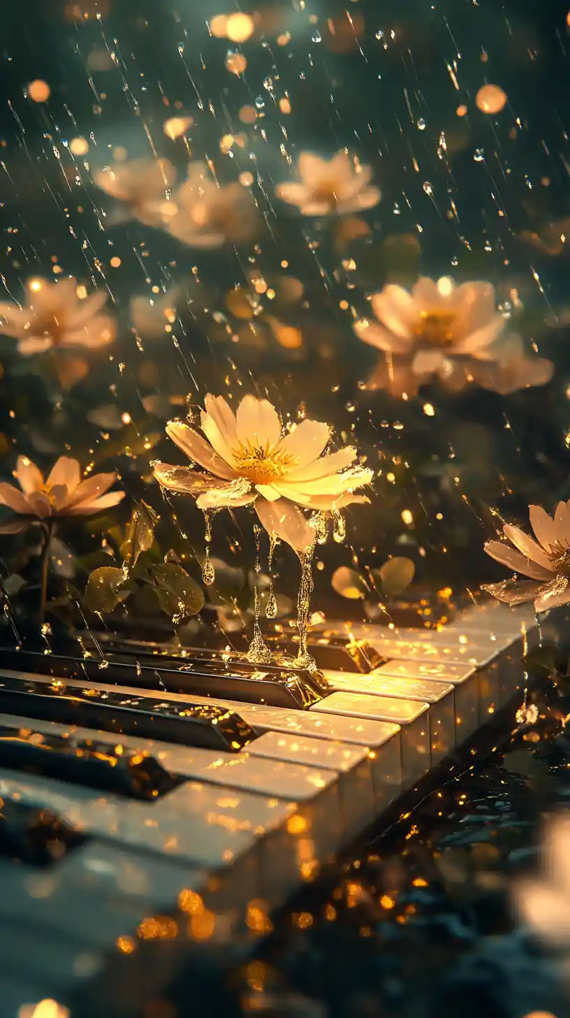 Escena de fantasía lluviosa con teclas de piano y flores musicales
