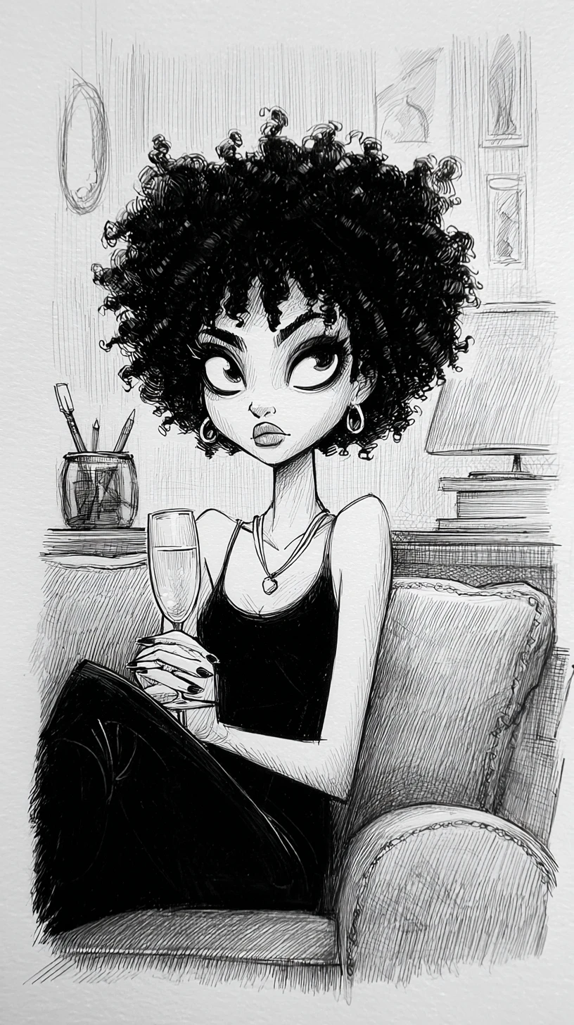 Mujer relajada en sofá negro en ilustración melancólica a tinta
