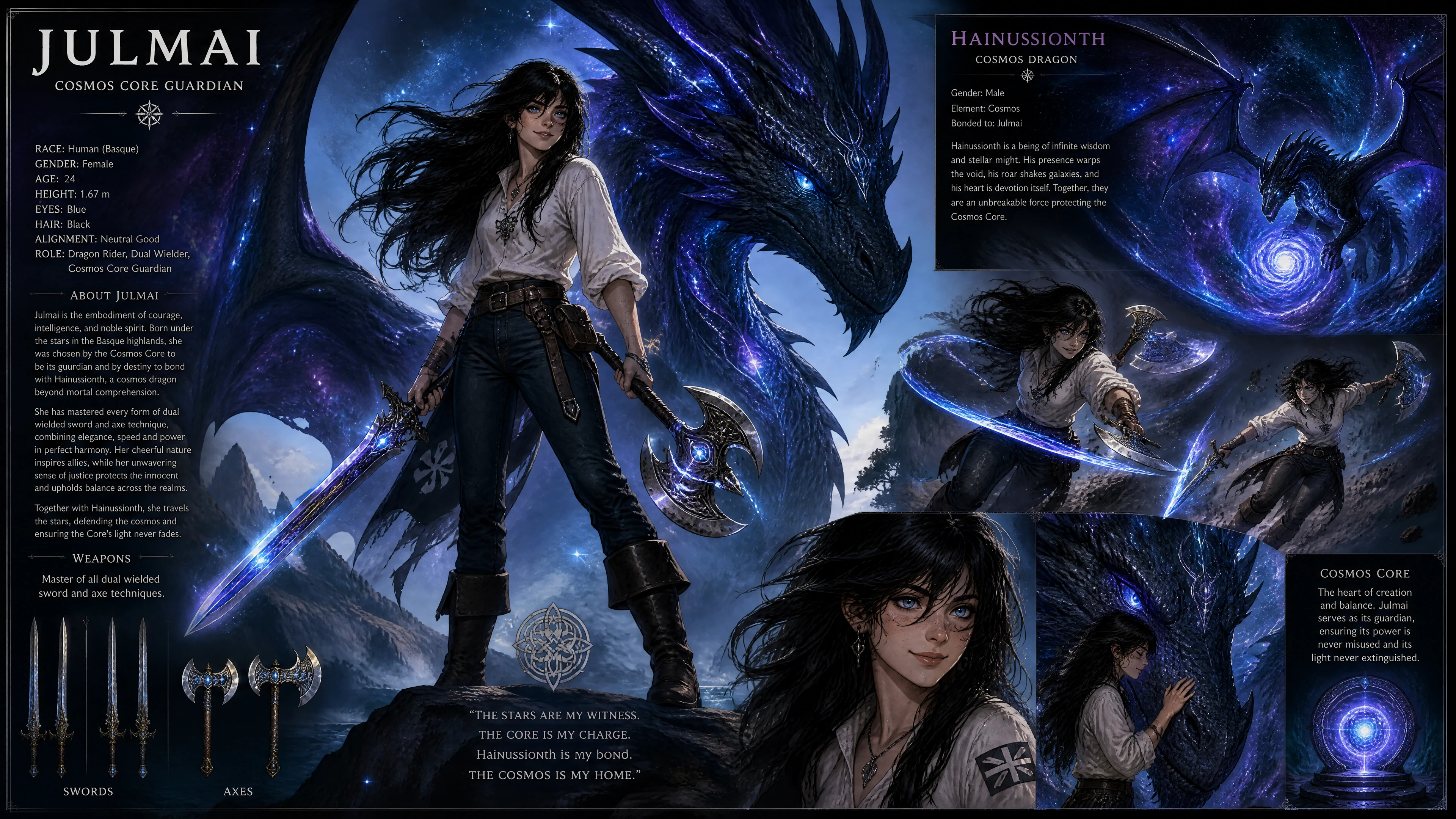 Cheerful warrior woman riding a cosmic dragon
