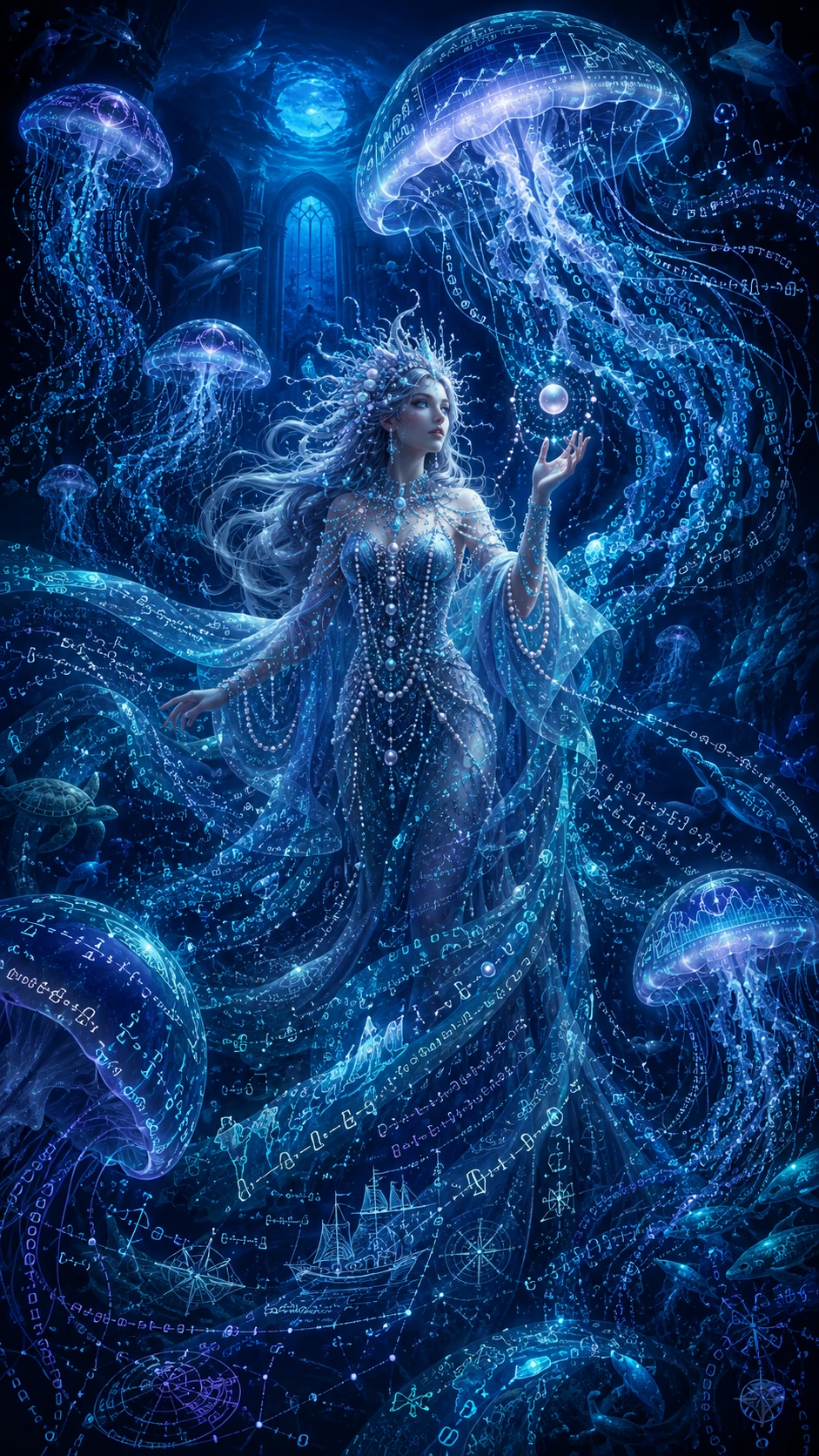 Strega delle perle con meduse di dati in un oceano al chiaro di luna