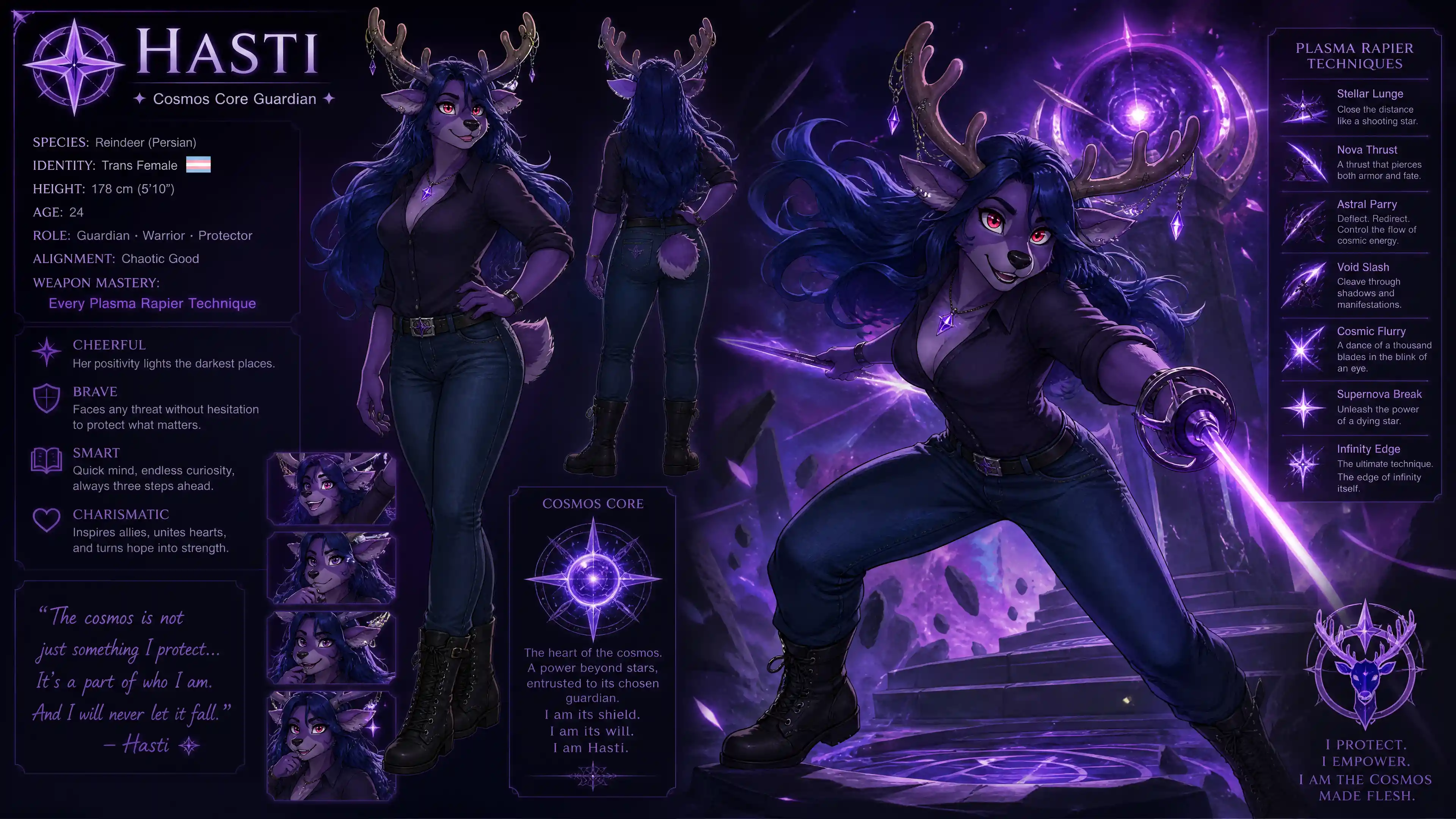 Anthro purple reindeer warrior with plasma rapier in cosmos
