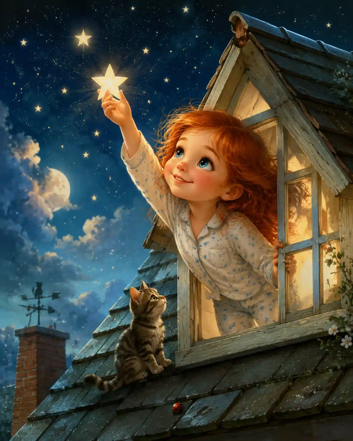 Red haired girl placing a glowing star in the night sky