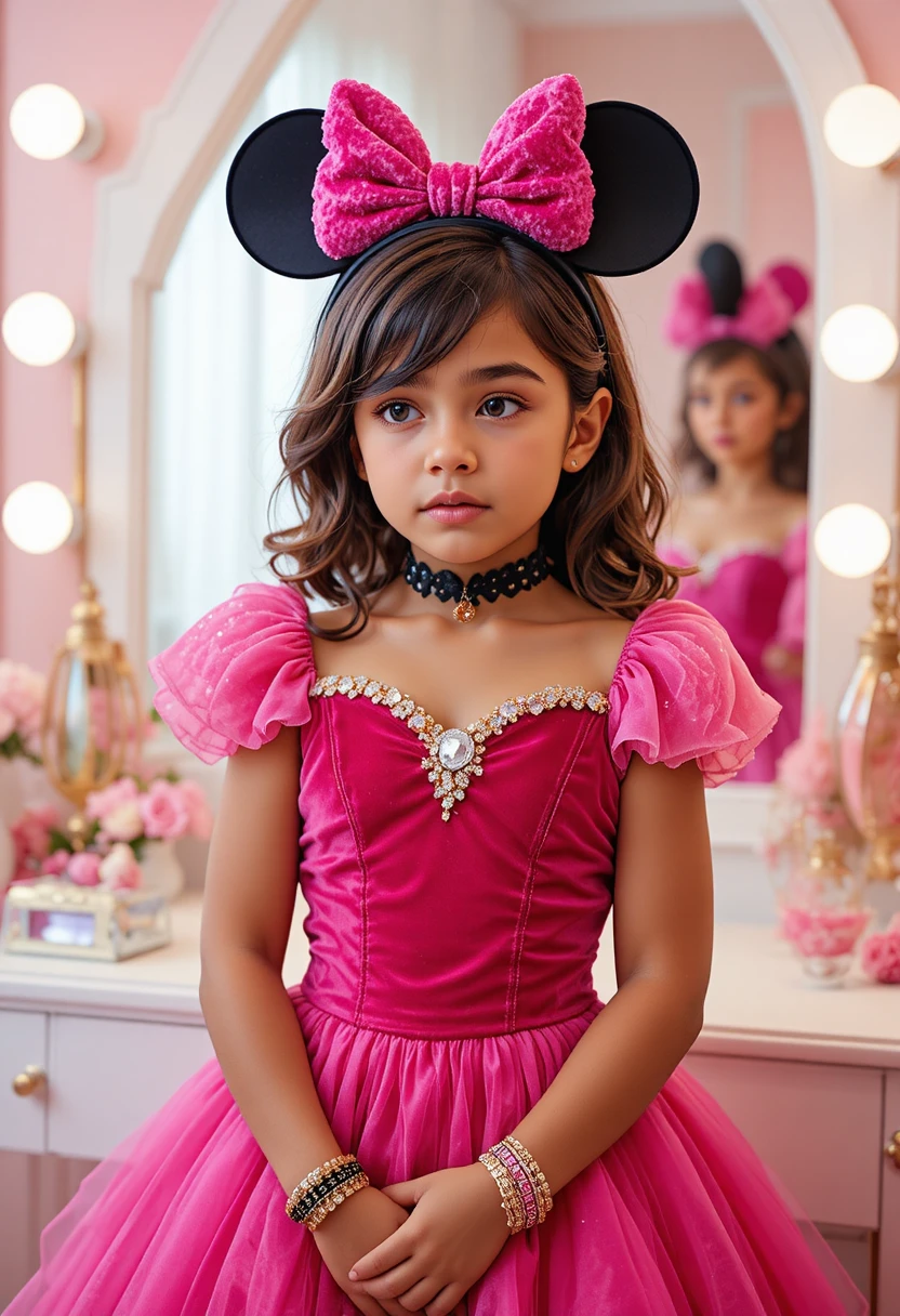 Niño nervioso frente al tocador rosa de princesa