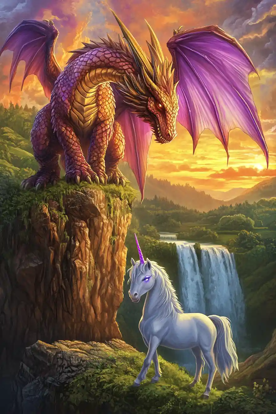 Gold-violetter Drache steht Einhorn auf grasbewachsenem Hügel gegenüber
