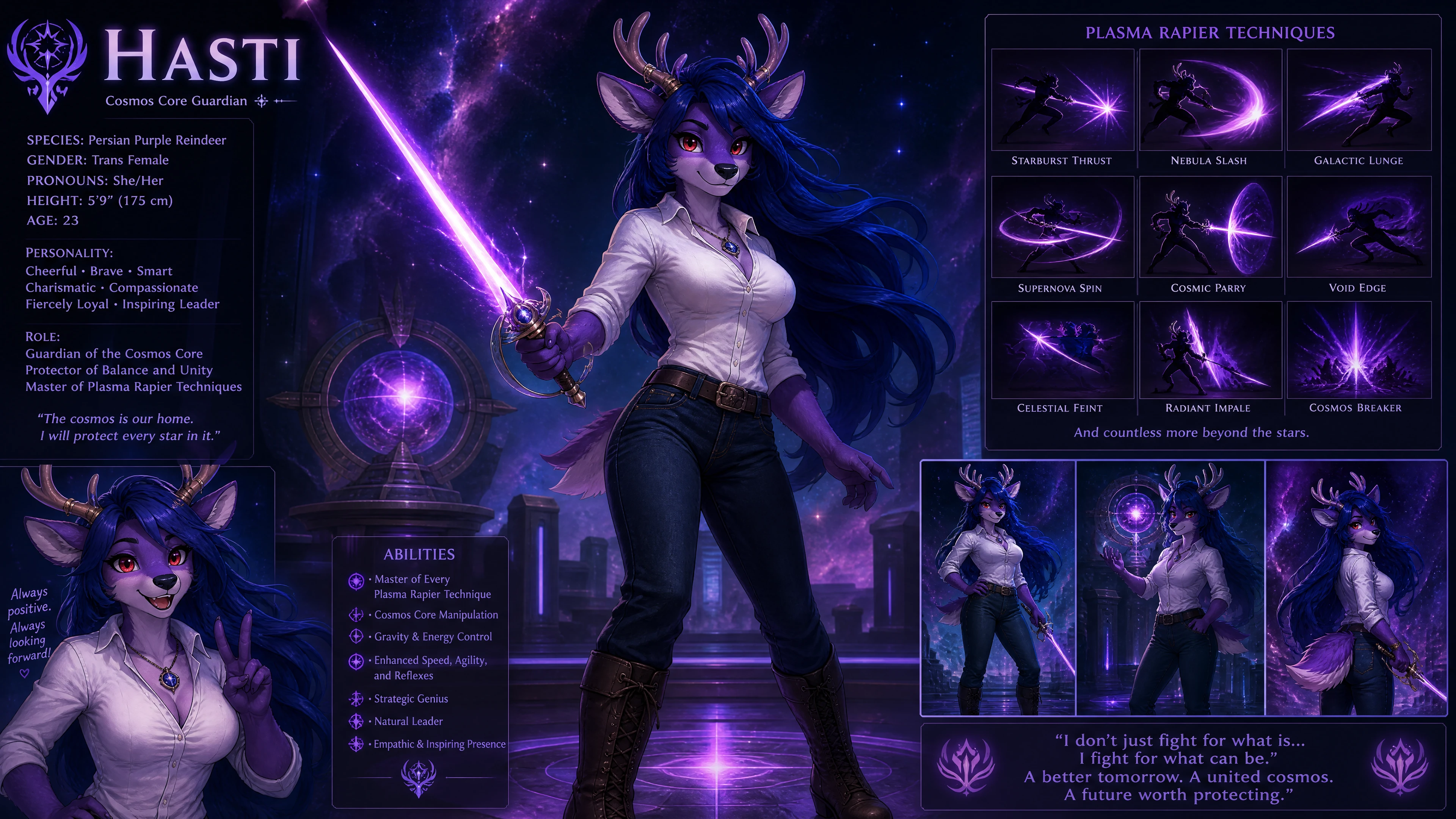 Anthro purple reindeer woman with plasma rapier in cosmos