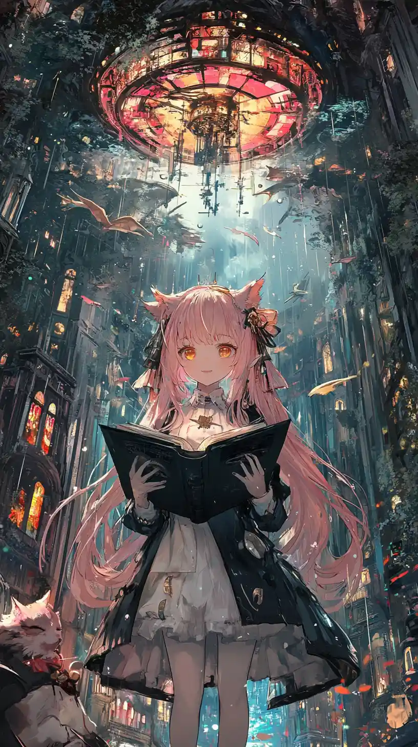 Anime-Mädchen liest ein Buch zwischen Welt des Lebens und Welt der Ruinen