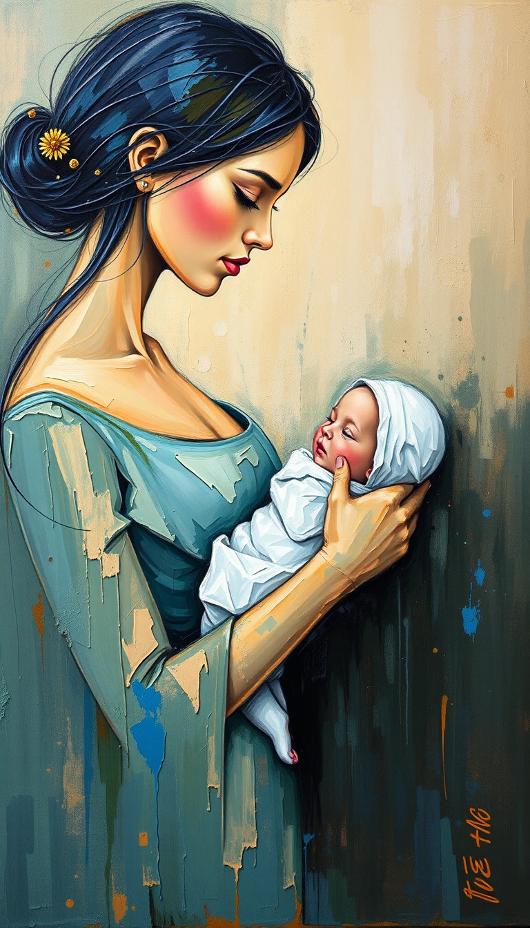 Peinture familiale abstraite avec des parents regardant leur bébé avec tendresse