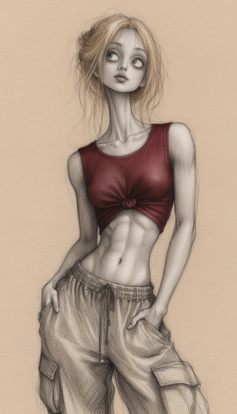 Mujer gótica mirando hacia arriba en ilustración mixta texturizada