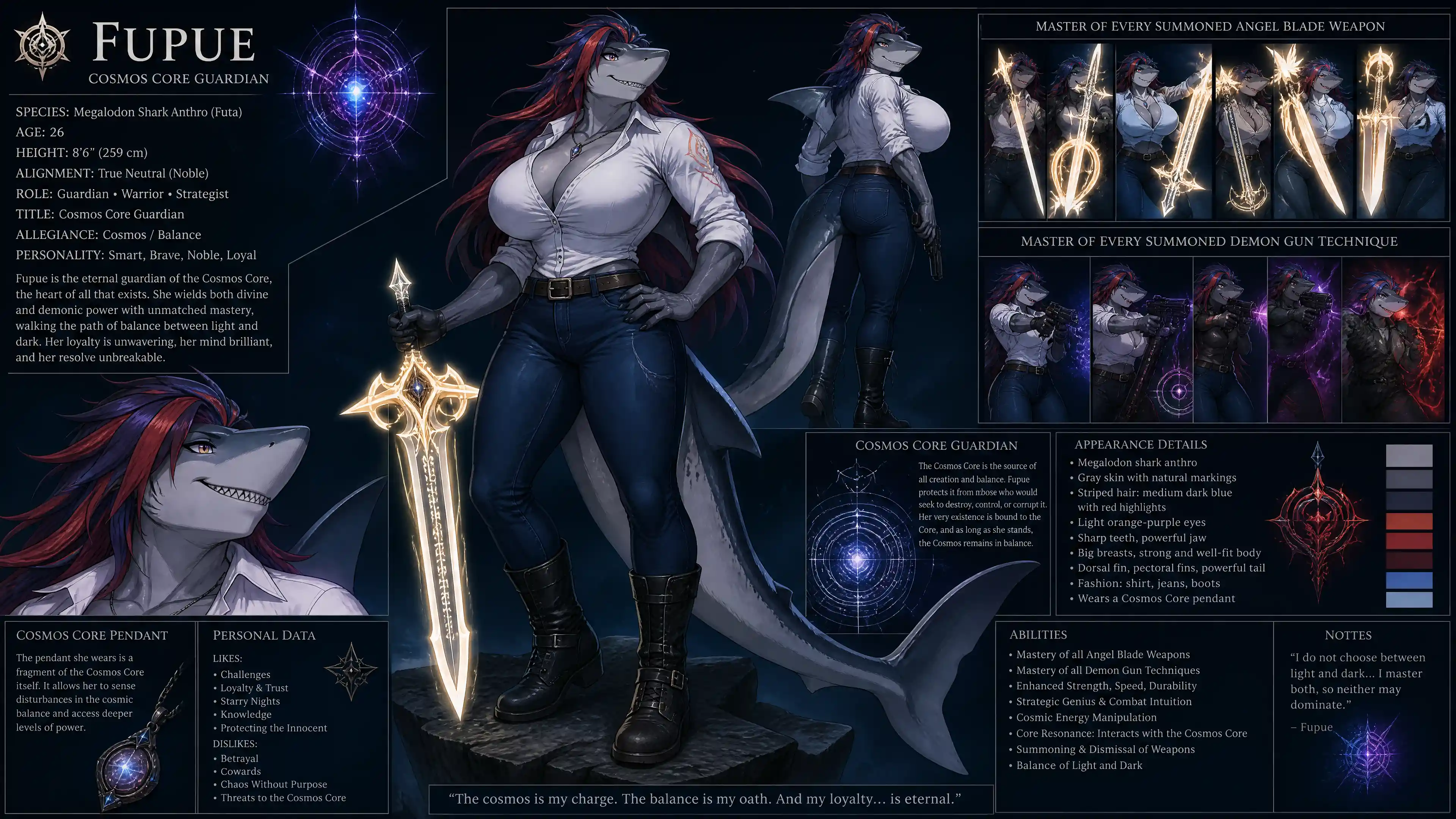 Anthro grey megalodon shark woman with striped red hair