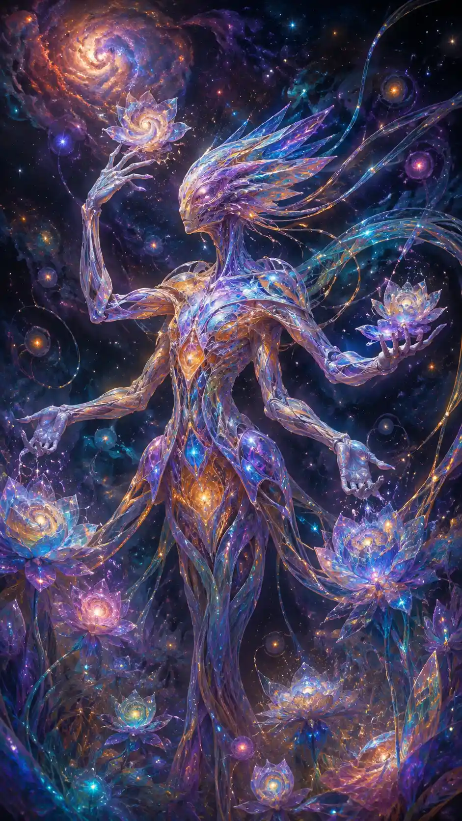 Essere alieno vitreo che si prende cura di fiori di nebulosa in fiore