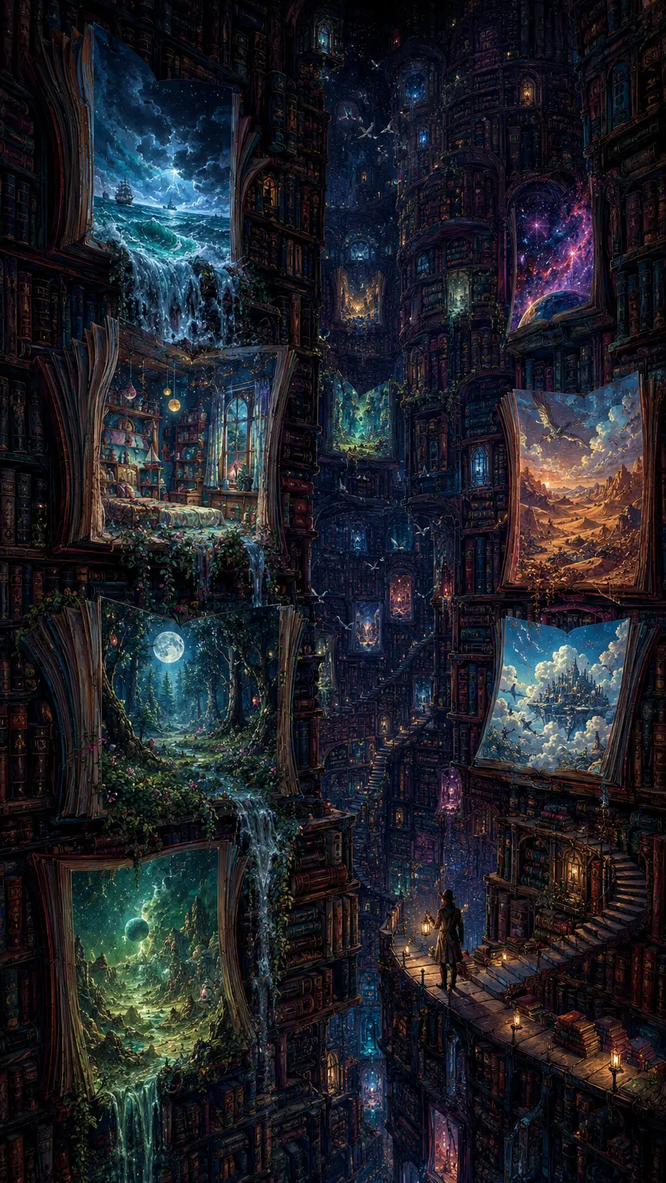Biblioteca de fantasía infinita con mundos y libros luminosos