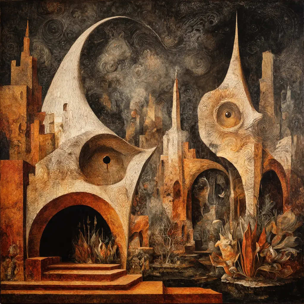 Surreal biomorphic forms entwined with impossible dreamlike architecture