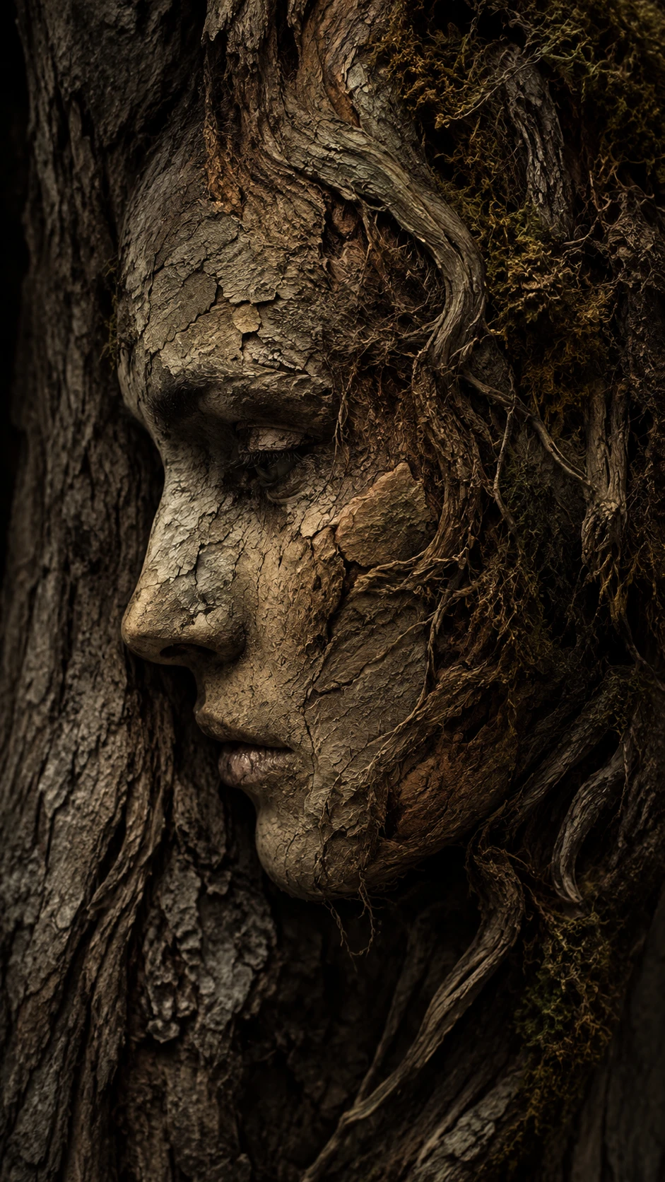 Surreal female face emerging from an ancient tree trunk