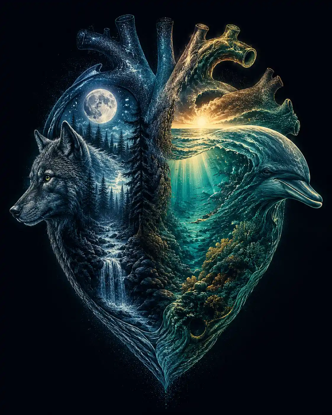 Silueta de Corazón Surrealista con Bosque y Océano en su Interior