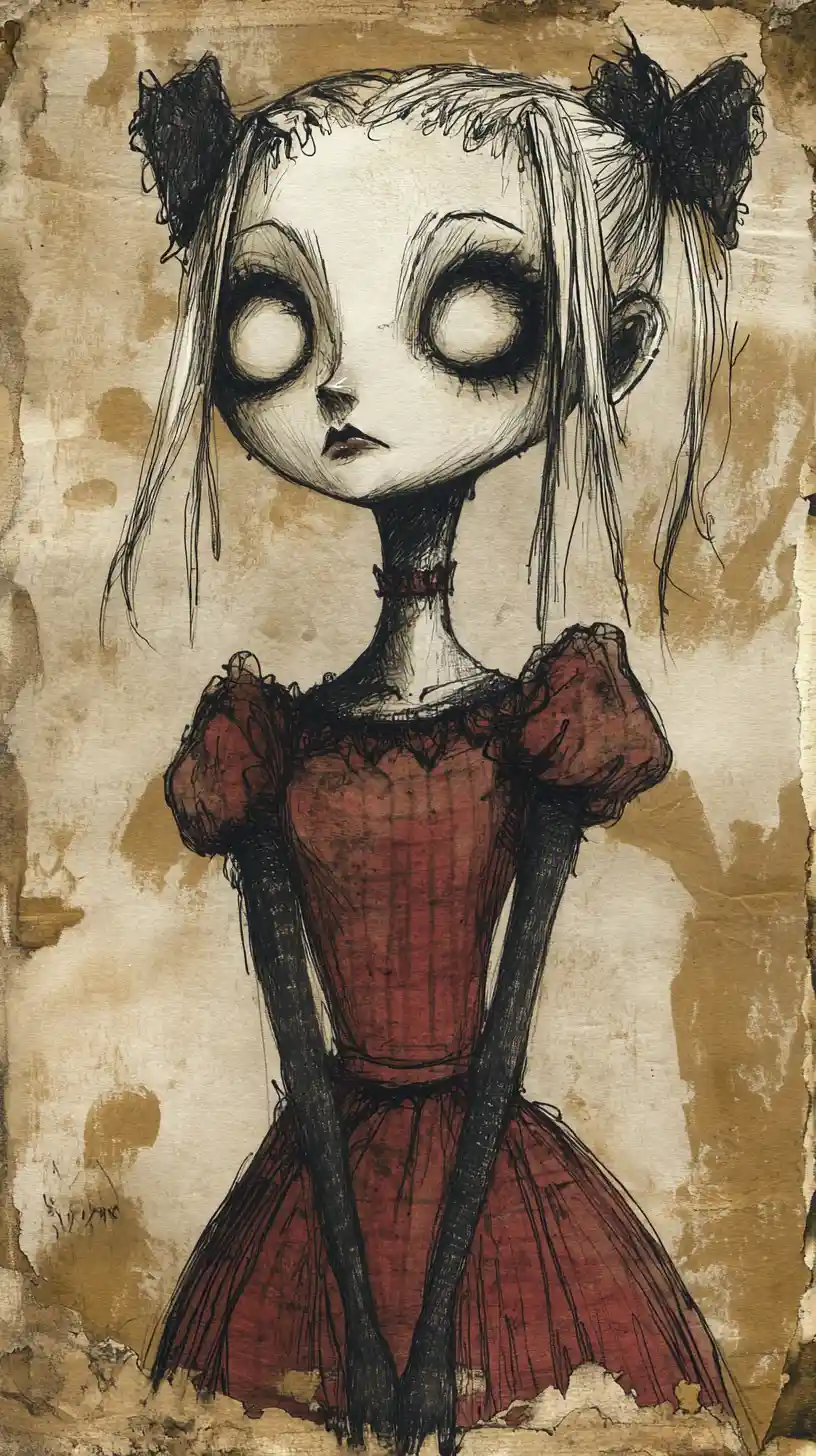 Gothic-Frau in Mixed-Media-Illustration mit nachdenklichem Blick