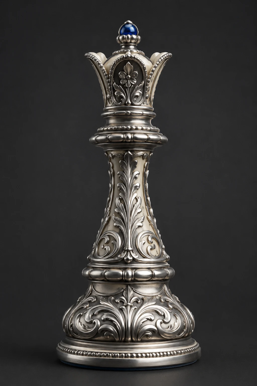 Ornate silver chess queen with blue gemstone on dark background