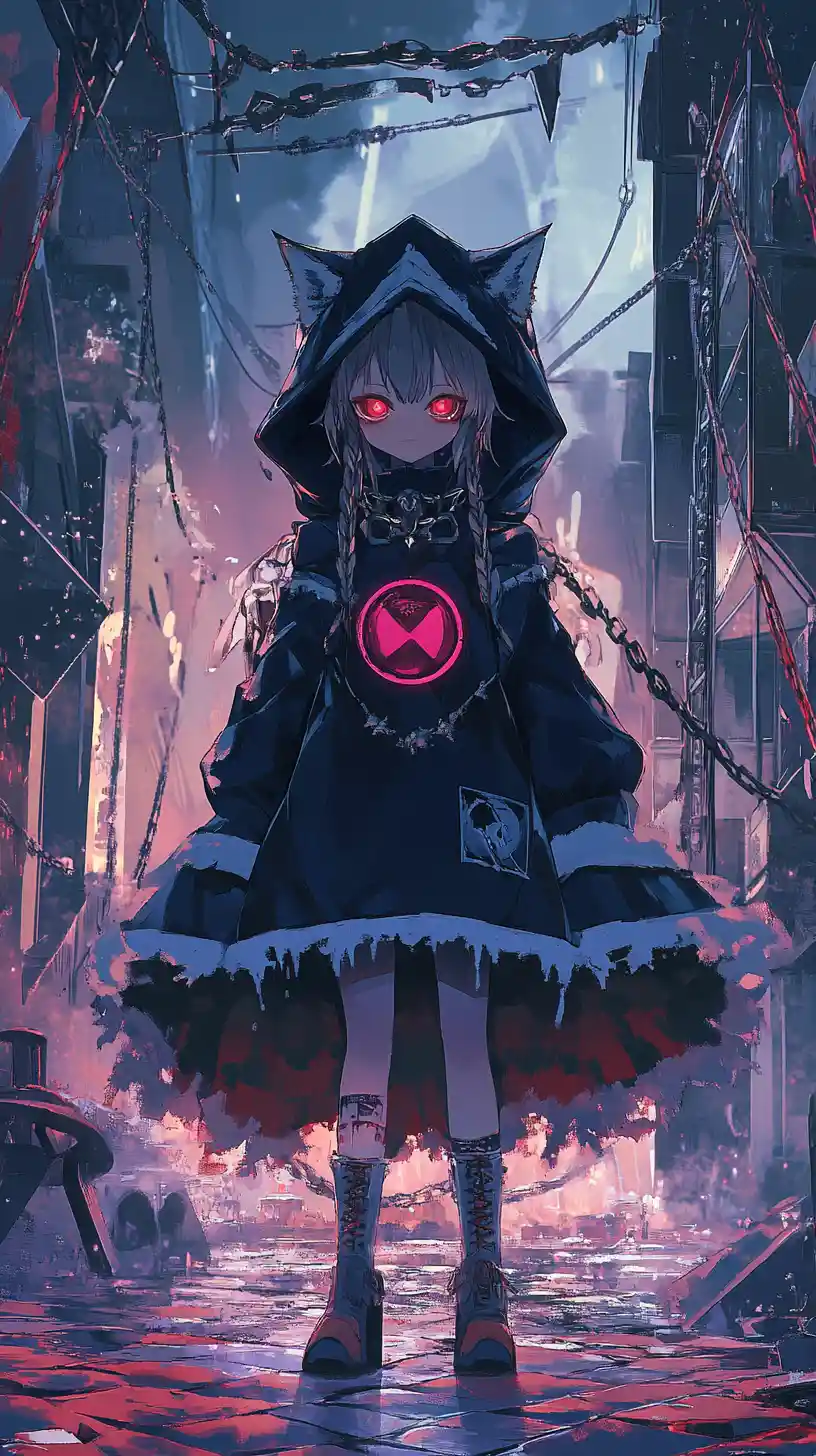 Fille d’anime balafrée en manteau bleu à capuche souriant de façon inquiétante