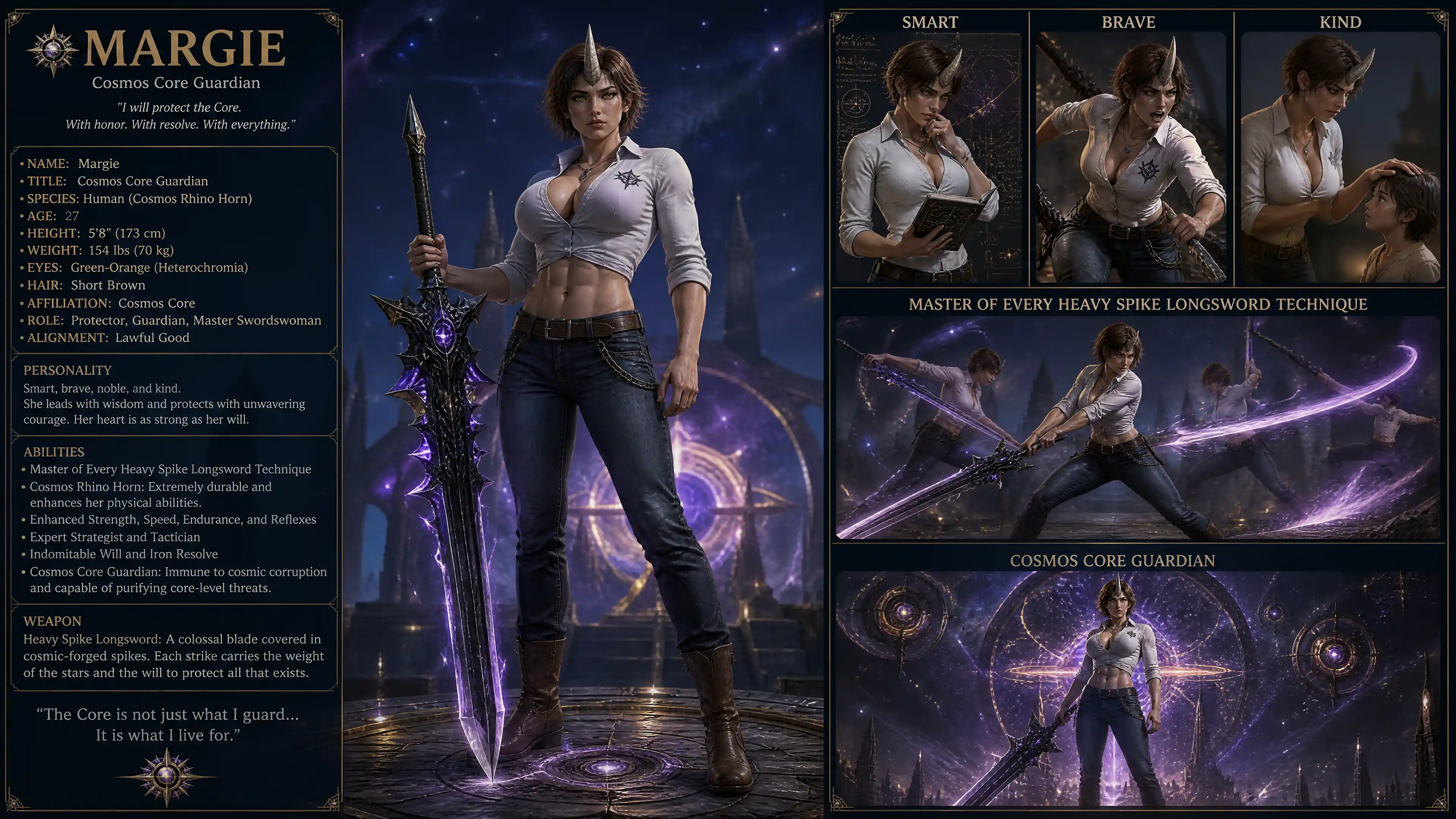 Cosmic warrior woman with rhino horn and spiked longsword