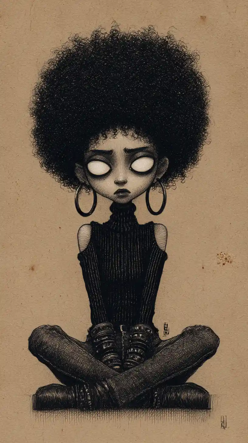 Gothic drawing of a seated woman with wide white eyes