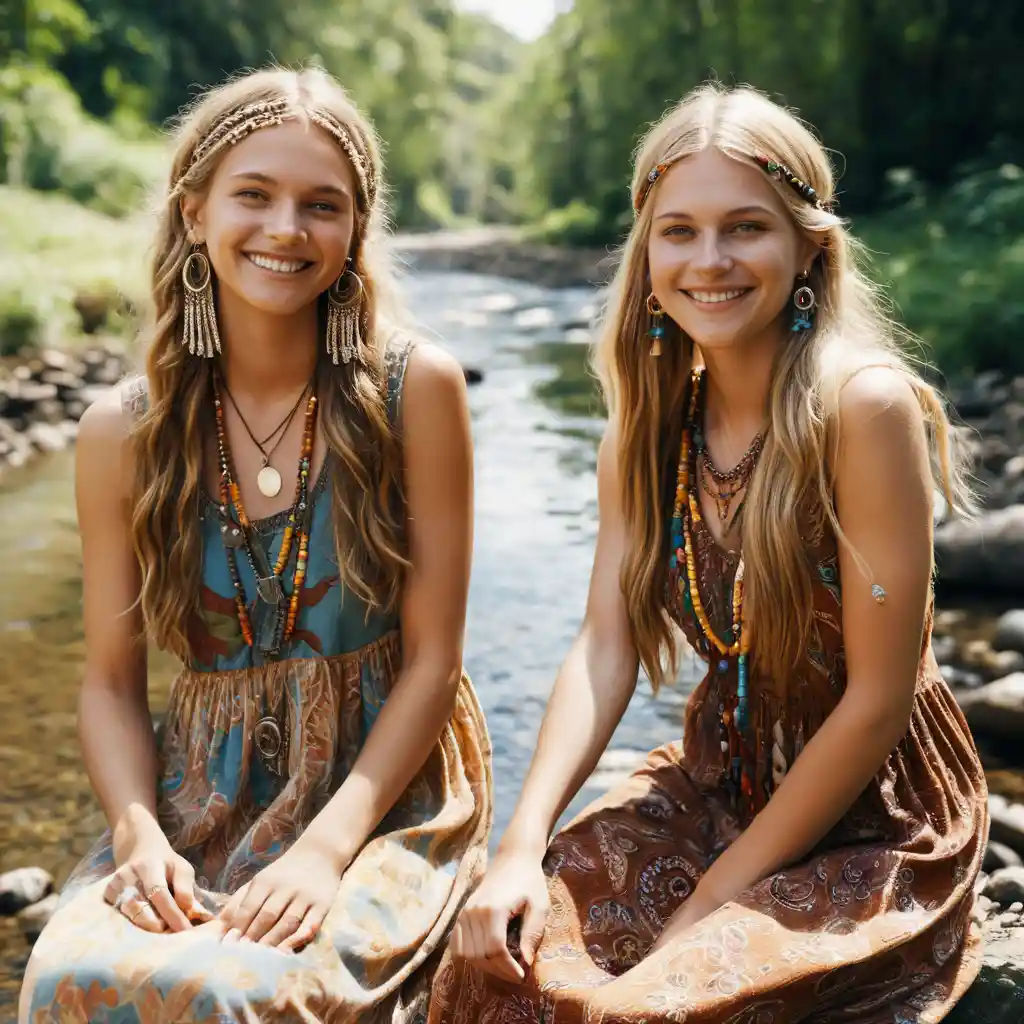 Two hippie girls in maxi dresses by a stream