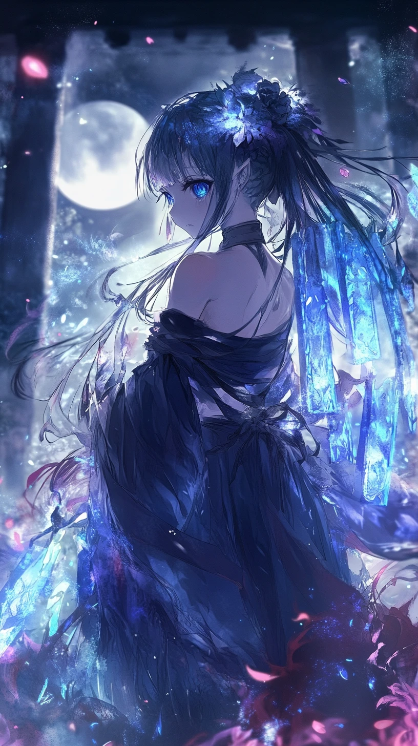 Chica de anime con vestido de copos de nieve quemado y ojos helados y fantasmales